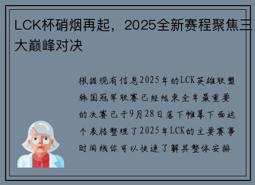 LCK杯硝烟再起，2025全新赛程聚焦三大巅峰对决